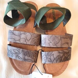Muk Luks Women's Sandals Size 8 Taupe Floral Design Faux Leather NWT